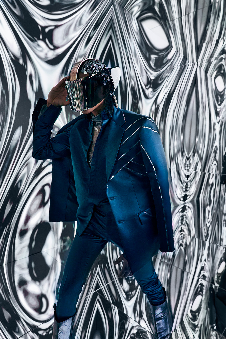 Teal Blue Suit With Metallic Tape Detailing
