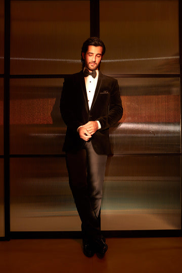 Aditya Seal In Black Velvet Tuxedo Suit With Thin Shawl Lapel With Satin Insert And Plain Black Trouser