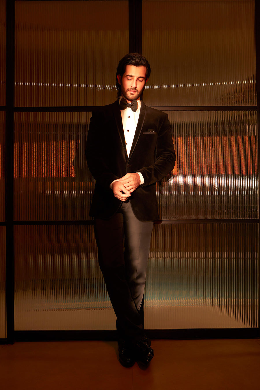 Aditya Seal In Black Velvet Tuxedo Suit With Thin Shawl Lapel With Satin Insert And Plain Black Trouser