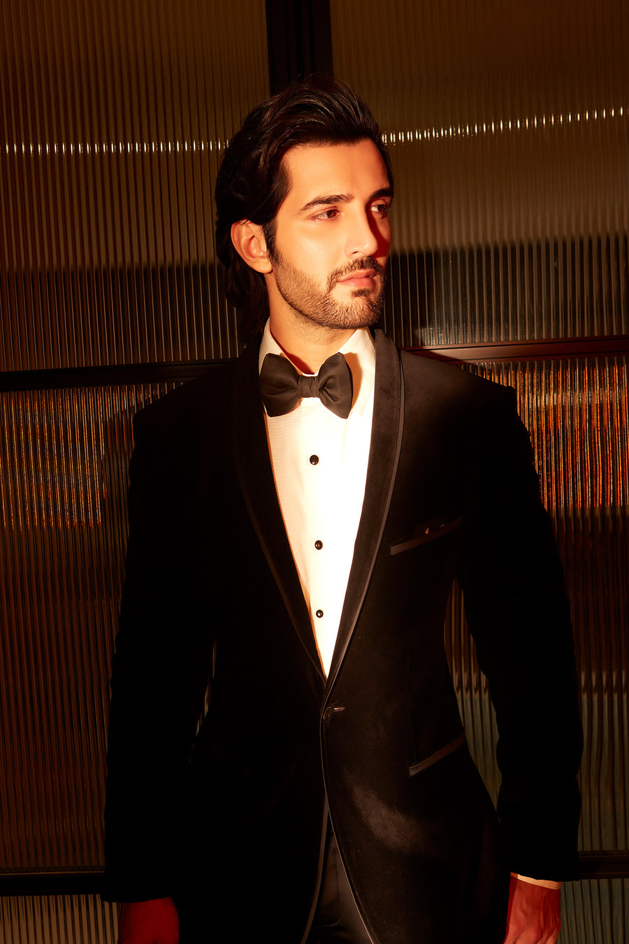 Aditya Seal In Black Velvet Tuxedo Suit With Thin Shawl Lapel With Satin Insert And Plain Black Trouser