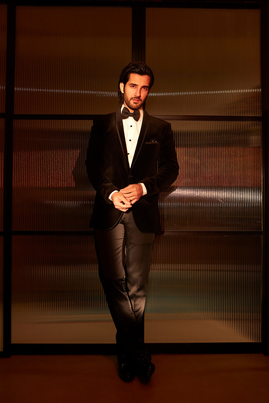 Aditya Seal In Black Velvet Tuxedo Suit With Thin Shawl Lapel With Satin Insert And Plain Black Trouser