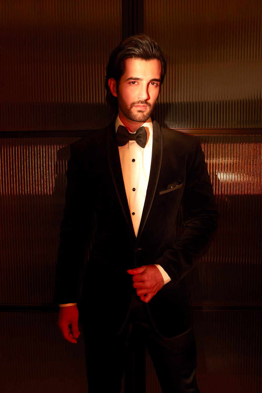 Aditya Seal In Black Velvet Tuxedo Suit With Thin Shawl Lapel With Satin Insert And Plain Black Trouser