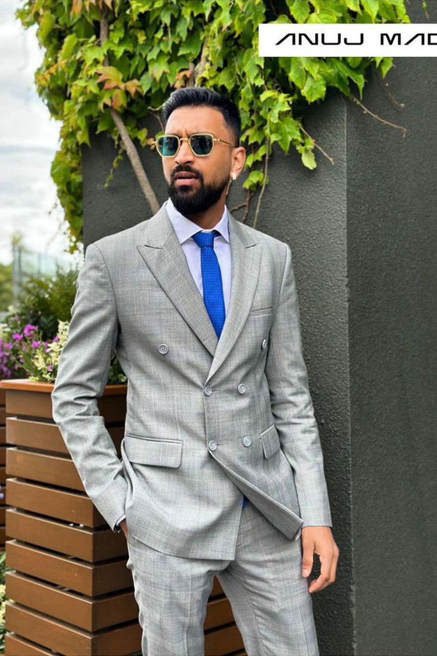 Krunal Pandya In Grey Prince Of Wales Checkered Double Breasted Suit