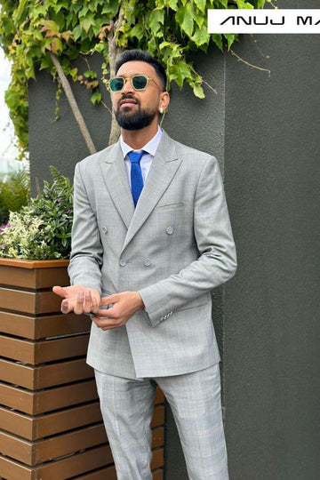Krunal Pandya In Grey Prince Of Wales Checkered Double Breasted Suit