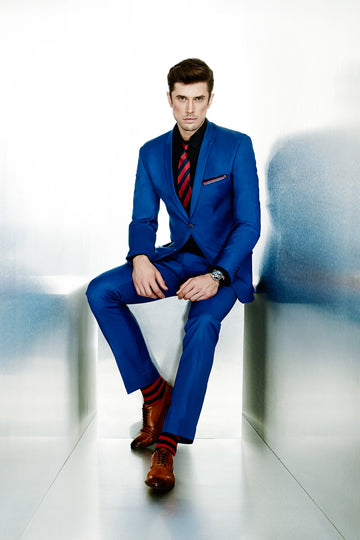 Blue Single Breasted Two Button Thin Peak Lapel Suit