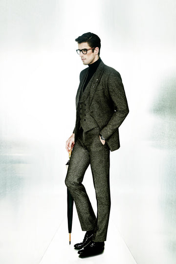 Grey Birdseye Texture 3 Pcs Suit Peak Lapel Jacket, Shawl Lapel Double Breasted Waist Jacket And Trouser