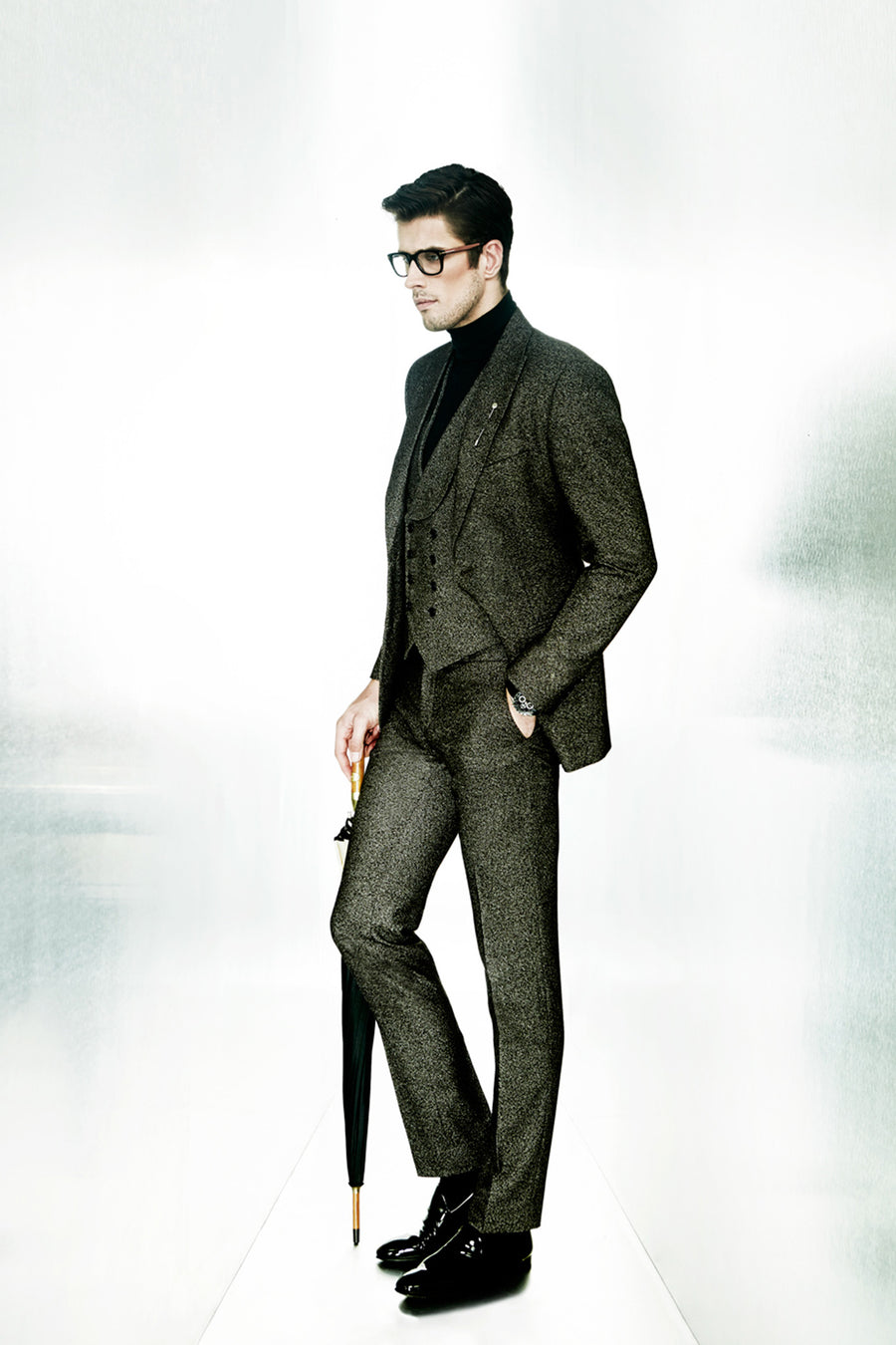 Grey Birdseye Texture 3 Pcs Suit Peak Lapel Jacket, Shawl Lapel Double Breasted Waist Jacket And Trouser