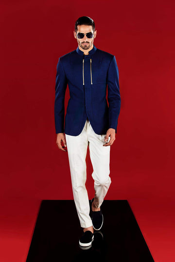 Navy Blue Textured Bandhgala With Zipper Detail With Ivory Trouser