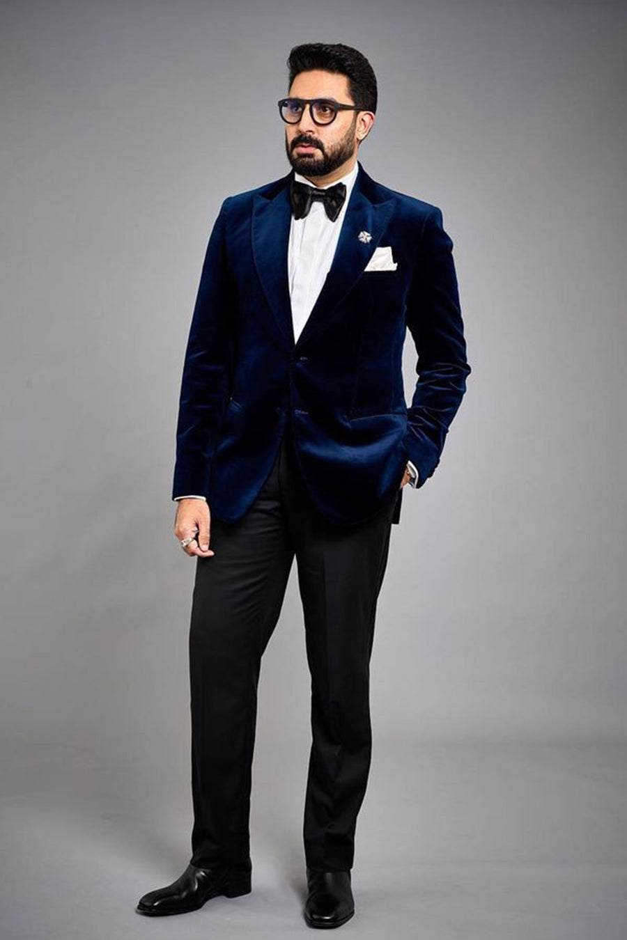 Abhishek Bachchan In  Dark Blue Velvet Broad Peak Lapel Jacket With Black Tuxedo Trouser