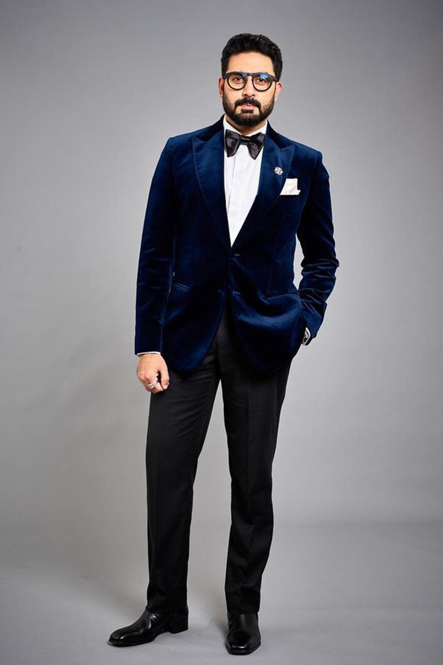 Abhishek Bachchan In  Dark Blue Velvet Broad Peak Lapel Jacket With Black Tuxedo Trouser