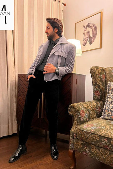 Ayushmann Khurrana In Light Blue Velvet Bomber With Big Patch Pockets And Detailings