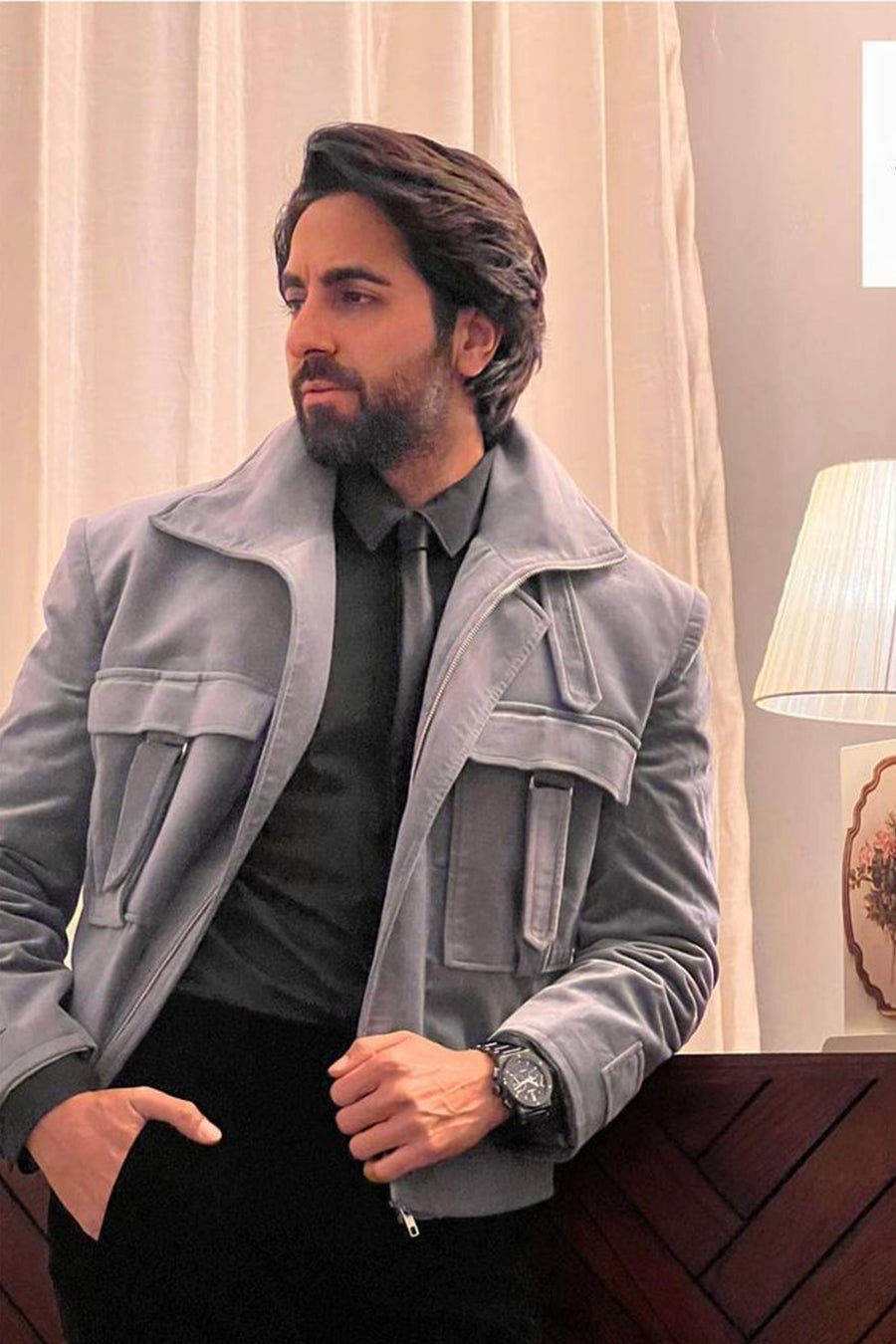 Ayushmann Khurrana In Light Blue Velvet Bomber With Big Patch Pockets And Detailings