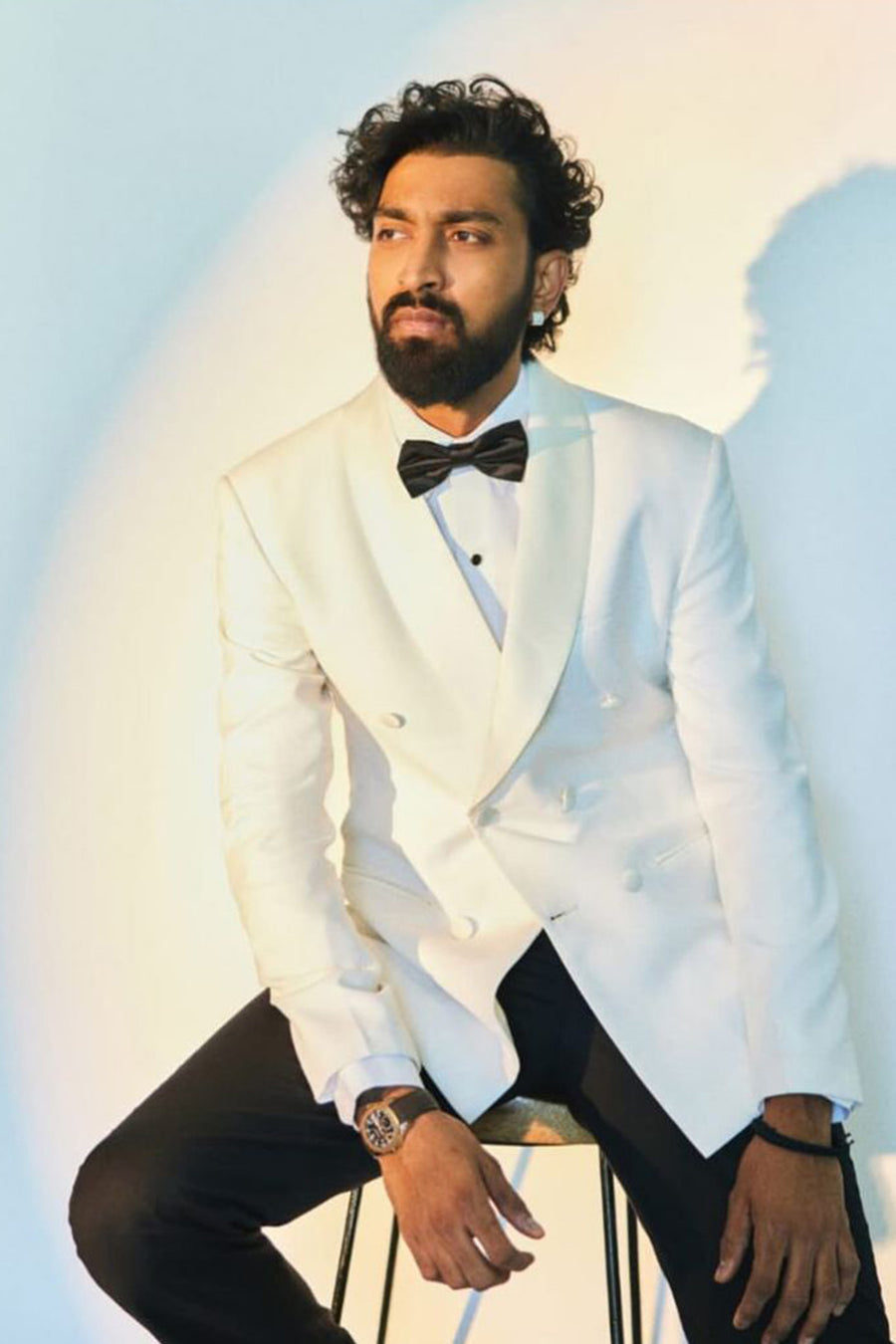 Krunal Pandya In Ivory Double Breasted Tuxedo Suit With Black Trouser