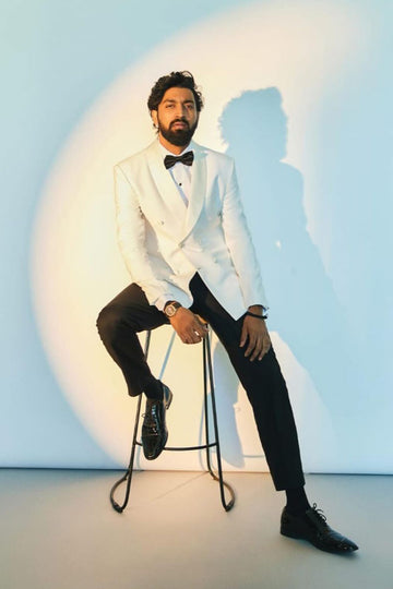 Krunal Pandya In Ivory Double Breasted Tuxedo Suit With Black Trouser