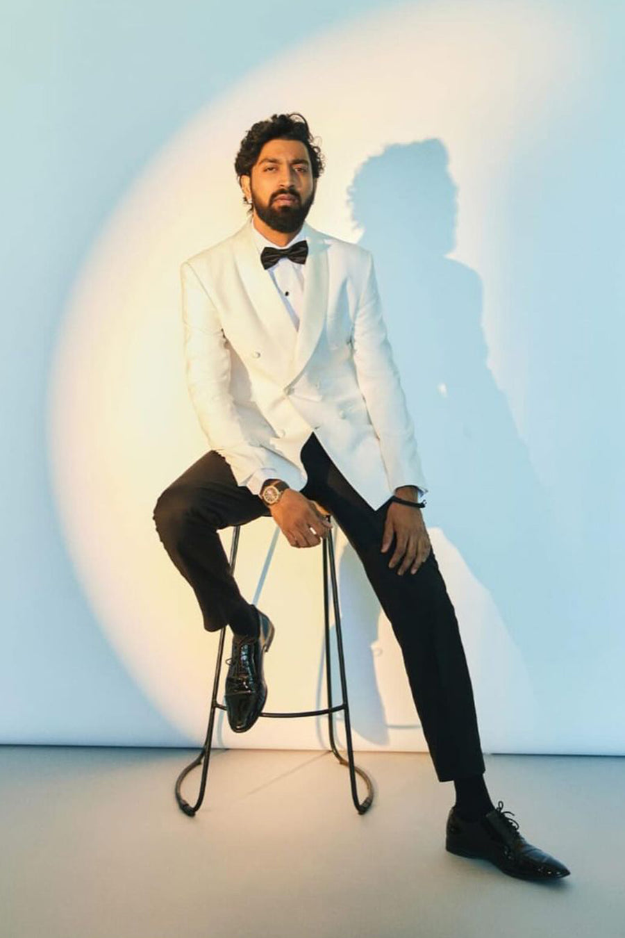 Krunal Pandya In Ivory Double Breasted Tuxedo Suit With Black Trouser