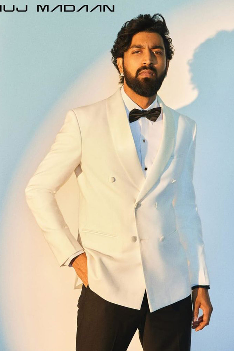 Krunal Pandya In Ivory Double Breasted Tuxedo Suit With Black Trouser